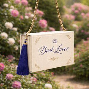 Bookmark Purse, Book Carrier, Paperback Purse, Gold Strap with Long Blue Tassel
